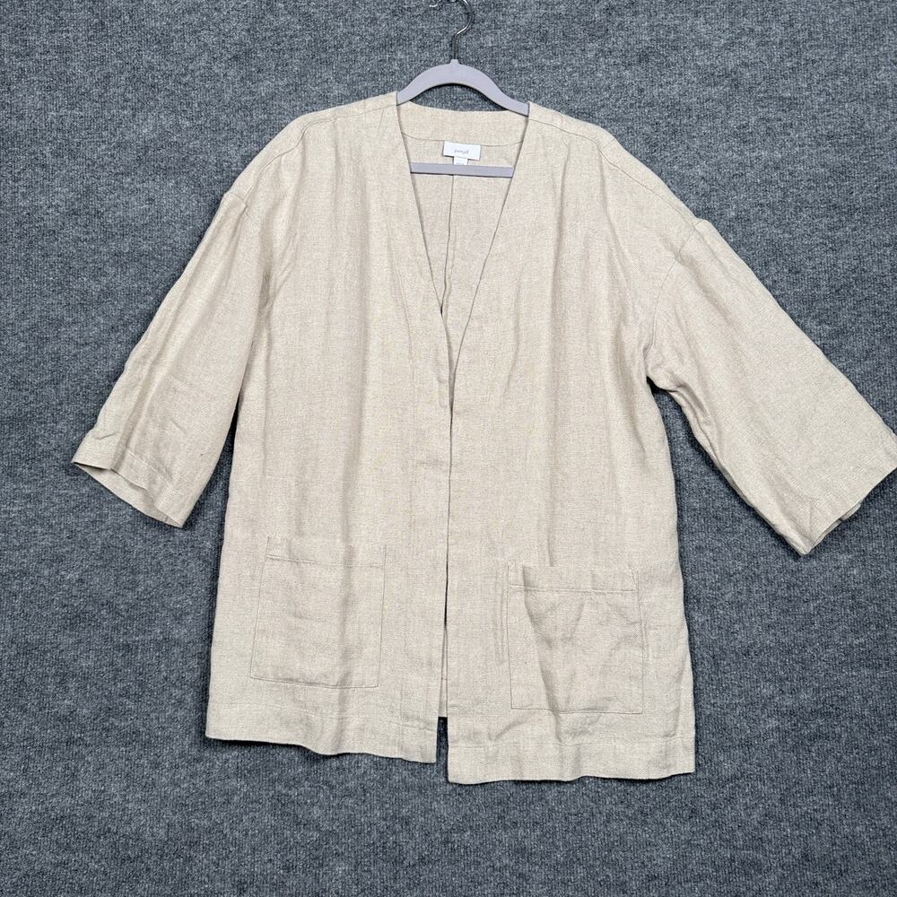 Pure Jill Small Open Front Coatigan Coat Tan Linen Pockets V Neck Long Sleeves